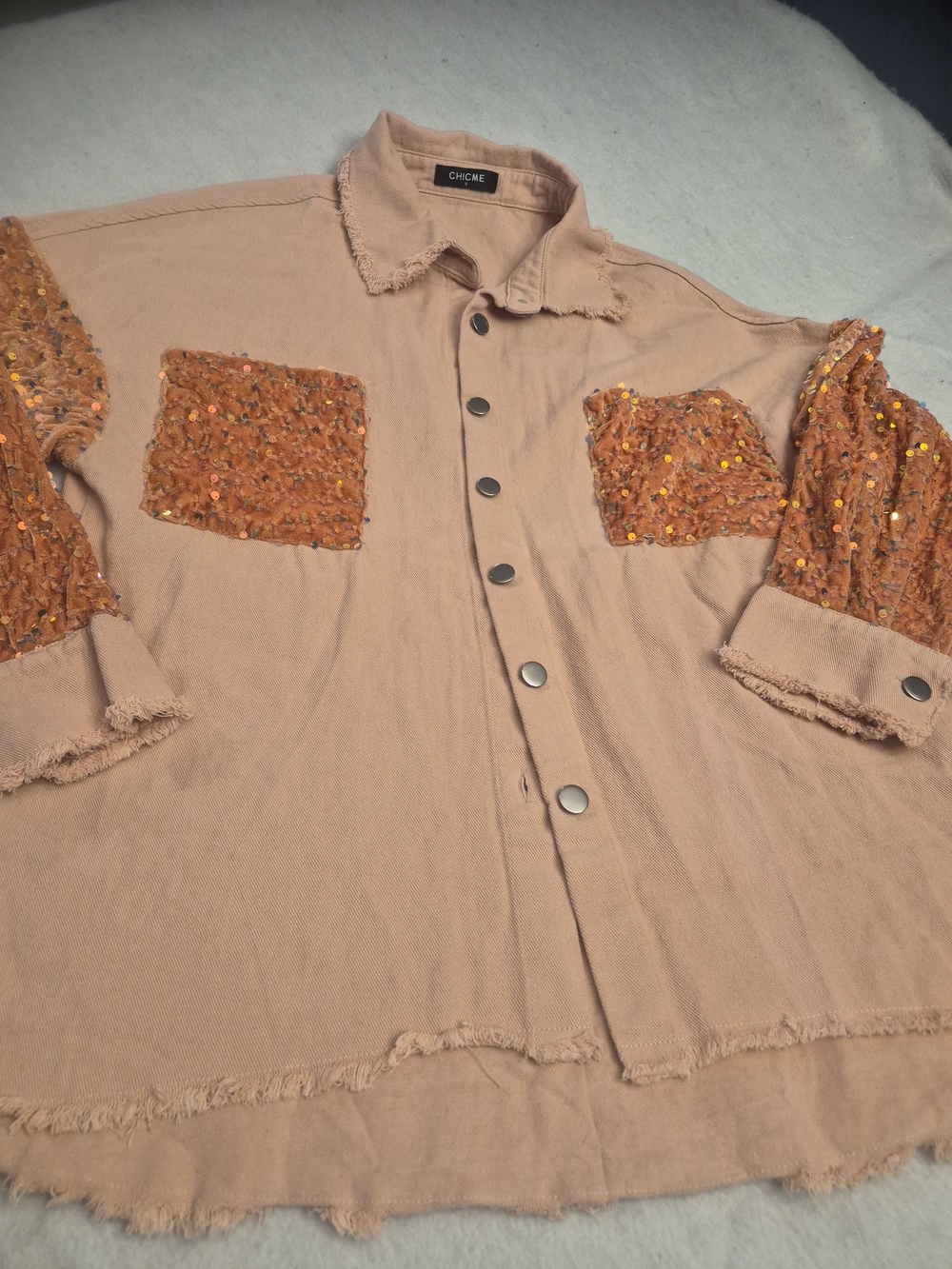 chicme Peach Sequin-Trim Oversized Jean Jacket